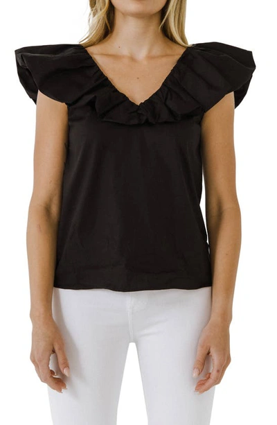 English Factory Ruffle V-neck Cotton Top In Black
