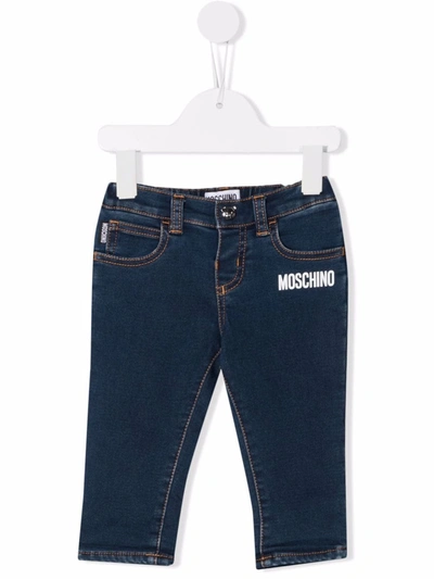 Moschino Babies' Logo-print Cotton Jeans In Blu