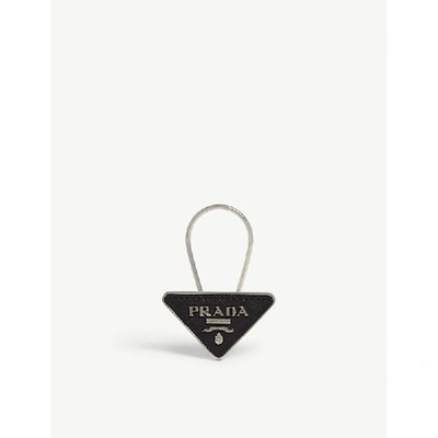 Prada Triangle Logo Saffiano Leather Keyring In Black