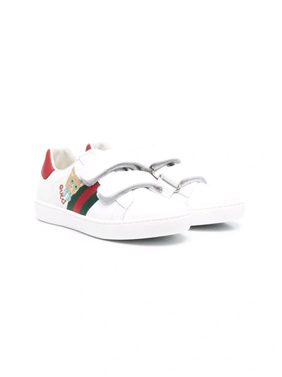 Gucci Kids' New Ace Leather Sneakers With Cat Patch Detail In Bianco