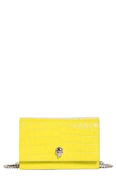 Alexander Mcqueen Mini Skull Croc Embossed Leather Shoulder Bag In Pop Yellow