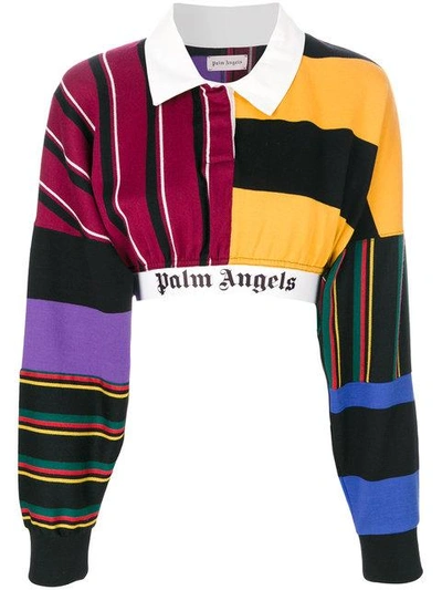 Palm Angels Logo Print Stripe Patchwork Cropped Polo Top
