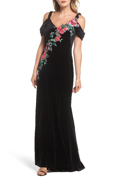 Tadashi Shoji Cold-shoulder Velvet Evening Gown W/ Floral Appliqu&eacute; In Black