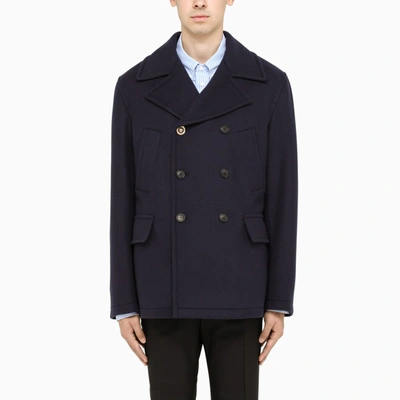 Versace Navy Wool Blend Double-breasted Coat In Blue