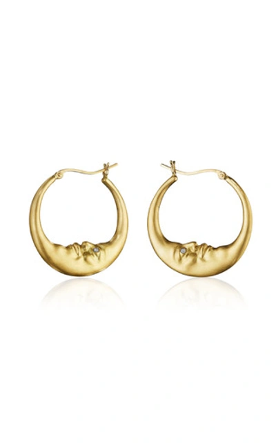 Anthony Lent Large Crescent Moonface 18k Yellow Gold Diamond Earrings