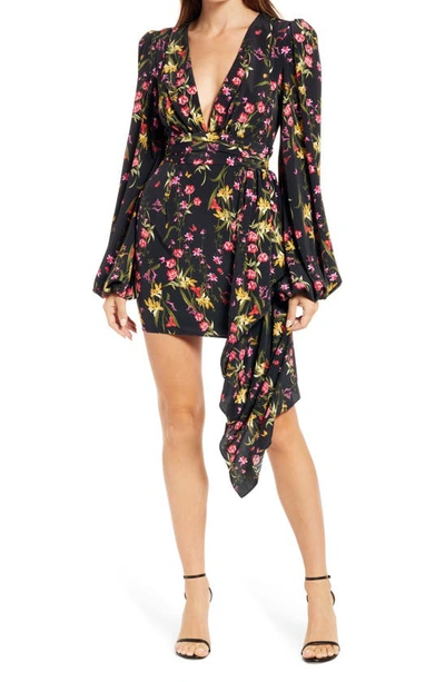 Katie May Sleepless Nights Floral Long Sleeve Cocktail Dress In Black/ Coral