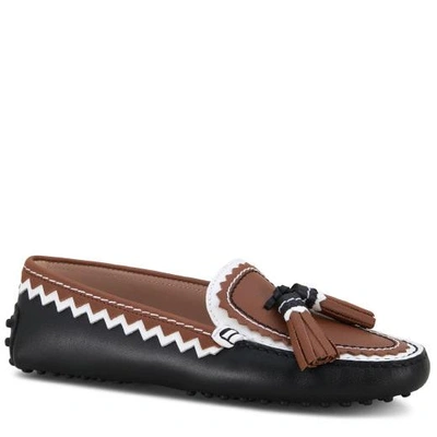 Tod's Gommino Driving Shoes In Leather In Black/white/brown