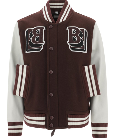 Burberry Leather Sleeve Wool Blend Varsity Jacket In White,red