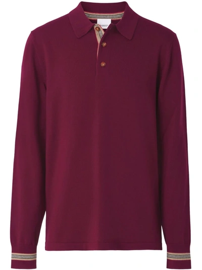 Burberry Long-sleeve Icon Stripe Detail Wool Polo Shirt In Burgundy