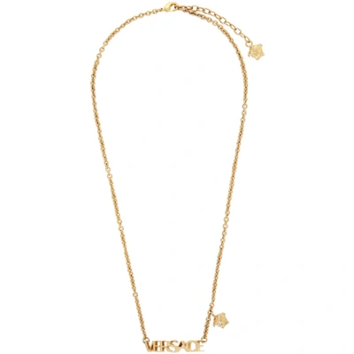 Versace Gold Tone Logo Pendant Necklace