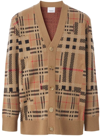Burberry Cashmere Jacquard Check Cardigan In Archive Beige