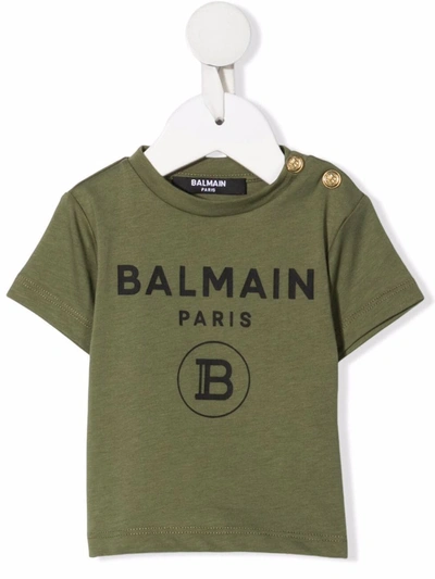 Balmain Babies' Snap Shoulder Logo Graphic Tee In 714 Khaki Green