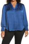 Vince Camuto Smocked Long Sleeve V-neck Blouse In Deep Blue