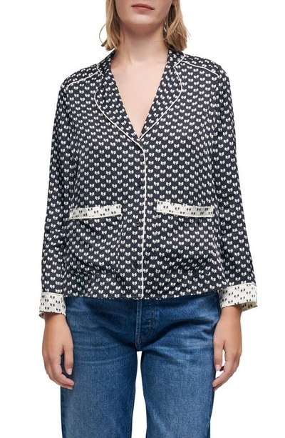 Maje Catsy Print & Piped Button-up Shirt In Black Knot
