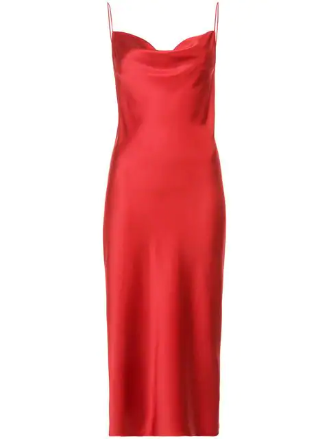 red silk cowl neck dress
