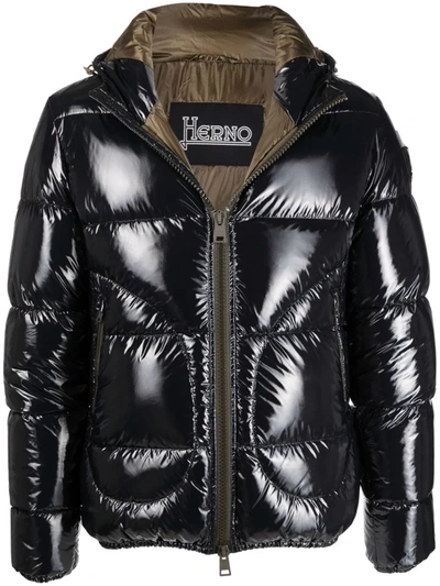 Herno Hooded Quilted Glossy Nylon Down Jacket In Nero