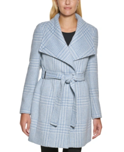 Calvin Klein Women's Plus Size Asymmetrical Belted Wrap Coat, Created For Macy's In Blue White Houndstooth