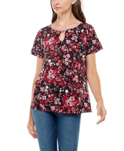 Adrienne Vittadini Women's Short Sleeve Layered Top In Festive Floral Rio Red