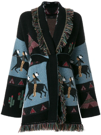Alanui Fringed Jacquard Cashmere Cardigan In Abstract,black,blue