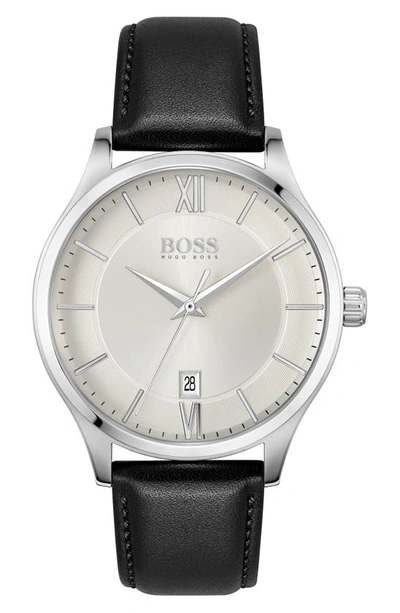 Hugo Boss Men's Elite Black Leather Strap Watch 41mm