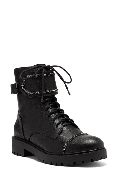 Jessica Simpson Women's Karia Buckle Strap Lace-up Lug Sole Combat Booties Women's Shoes In Black