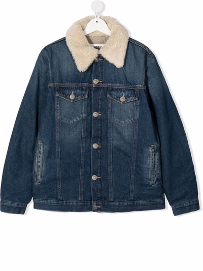 Mm6 Maison Margiela Teen Embroidered-logo Shearling Denim Jacket In Blue