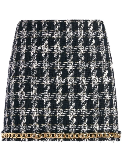 Alice And Olivia Elana Chain Detail Cotton Blend Tweed Skirt In Black And White