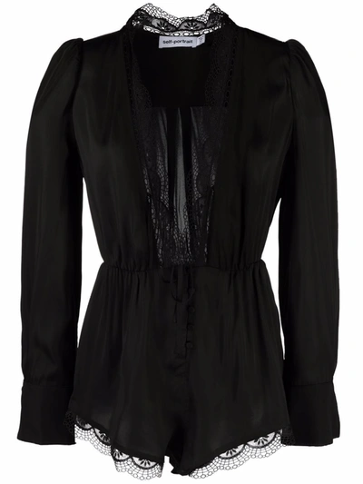 Self-portrait Lace-trim Playsuit Pyjama Set In Black
