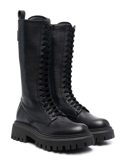 Msgm Teen Leather Lace-up Boots In Nero