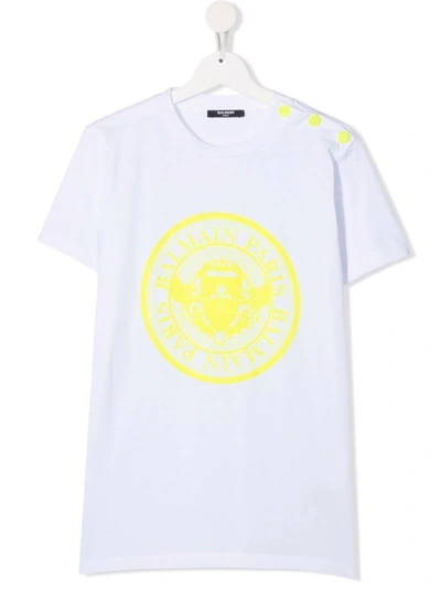 Balmain Teen Logo-print T-shirt In Bianco/giallo
