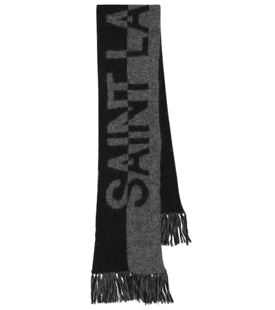Saint Laurent Fringed Two-tone Jacquard-knit Wool-blend Scarf In Gray