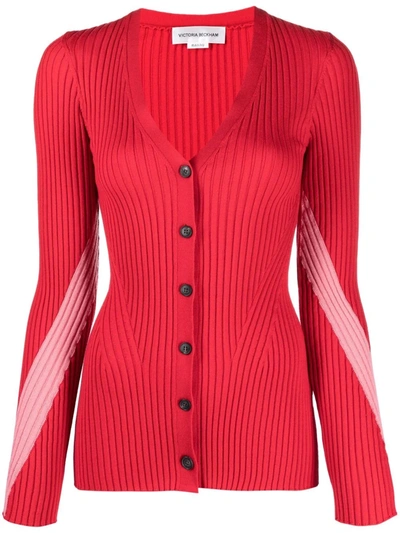 Victoria Beckham Two-tone V-neck Ribbed Wool Cardigan In Multi