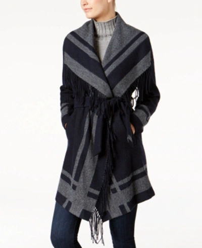 Vince Camuto Novelty Knit Wrap Coat In Navy/grey