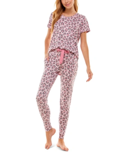 Roudelain Scoop Neck T-shirt & Jogger Pants Pajama Set In Fierce Cat Cameo Pink