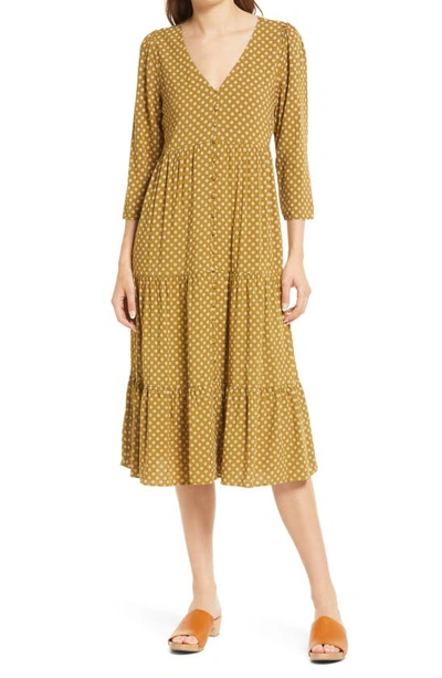 Madewell Daisies Forever V-neck Tiered Button Front Midi Dress In Spiced Olive