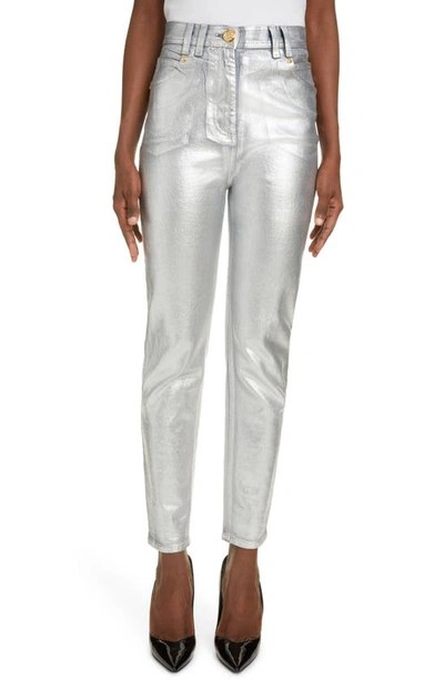 Balmain High-waist Metallic-effect Denim Jeans In Silber | ModeSens