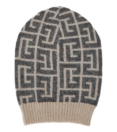 Balmain Neutral Monogram Wool Beanie Hat In Black | ModeSens