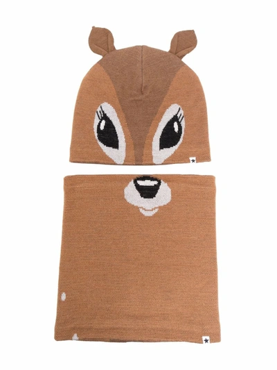 Molo Kids' Jacquard Knit Wool Blend Hat & Scarf In Brown