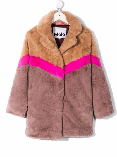 Molo Kids' Girls' Haili Super Soft Faux Fur Jacket With Bright Pink Chevron Stripe In Block Deer