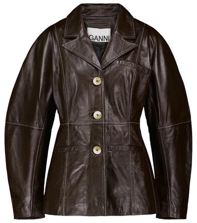 Ganni Brown Balloon Sleeve Leather Jacket In Mole