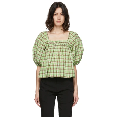 Ganni + Net Sustain Gingham Organic Cotton-blend Seersucker Blouse In Oyster Gray