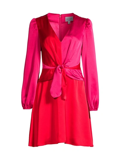 Milly Stella Satin Color Blocked Dress In Pink/real Red