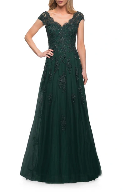 La Femme Cascading Embellishment Short Sleeve Lace Gown In Green