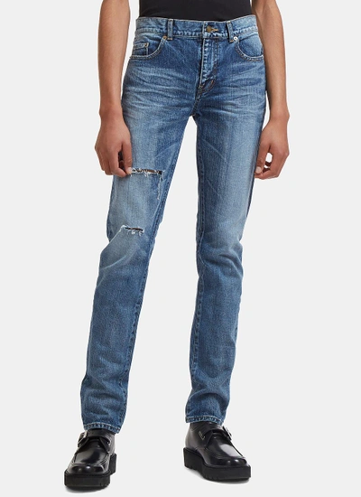 Saint Laurent Ripped Angel Embroidered Skinny Jeans In Blue | ModeSens