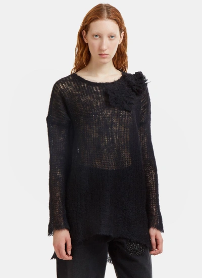 Valentino Oversized Floral Appliqué Holed Knit Sweater In Black