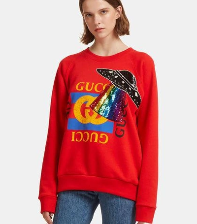 Gucci Print Embroidered Spaceship Sweater In Red ModeSens