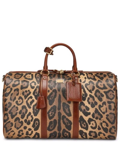 Dolce & Gabbana Leopard-print Leather Holdall In Brown