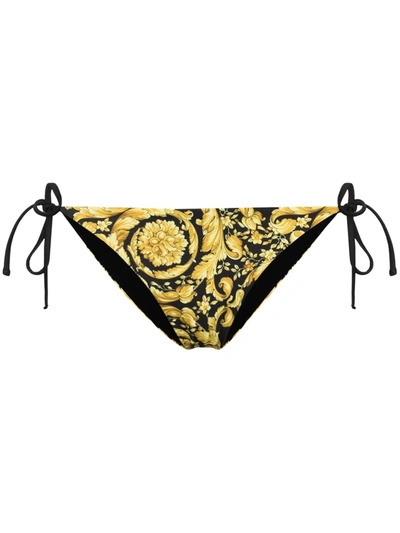 Versace Womens Gold Print Barocco-print Low-rise Tie-side Bikini Bottoms M In Black