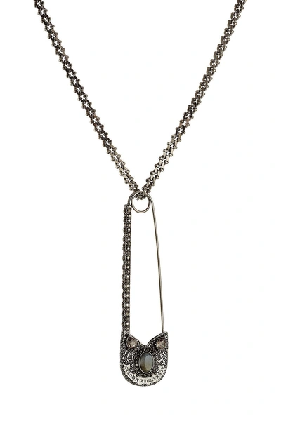 Alexander Mcqueen Encrusted Safety Pin Necklace In Silver