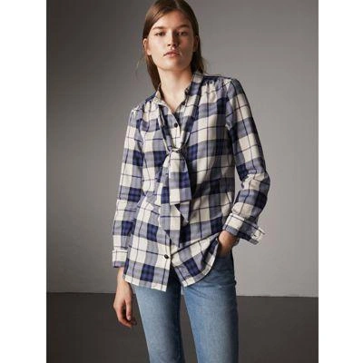 Burberry Check Cotton Flannel Military Shirt In Bright Navy